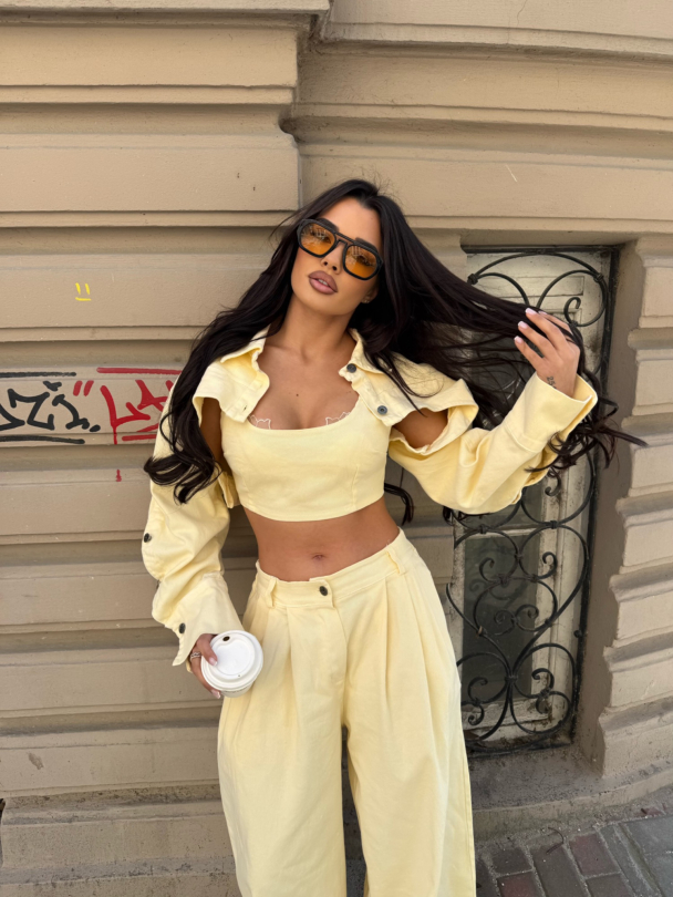 Set top și jachetă din denim Felosia Butter Yellow