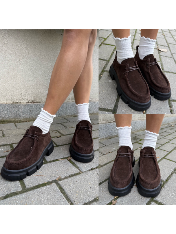 Pantofi din piele întoarsă naturală Gizenta Chocolate